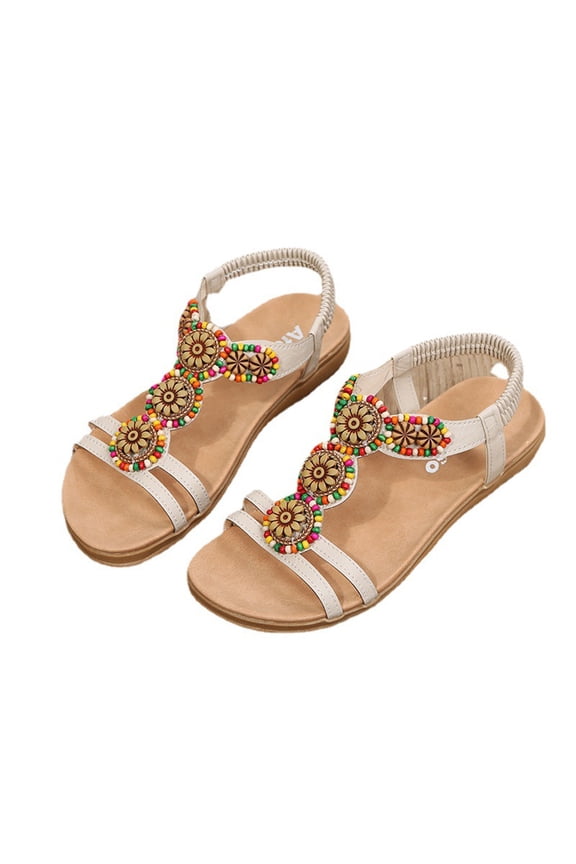 Women's Casual Slip On Sandals Flat Boho Beach Shoes Comfortable Ankle Strap Floral Beaded Flip Flops Sandals Beige 38