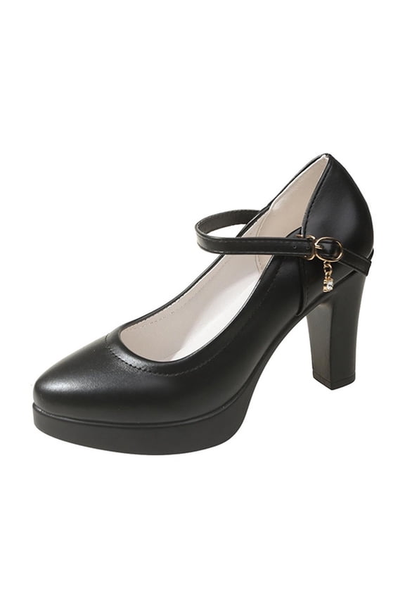 Women's Chunky Mary Janes Round Toe High Heels Block Pumps Party Dress Shoes Comfortable Slip On Shoes Black 35