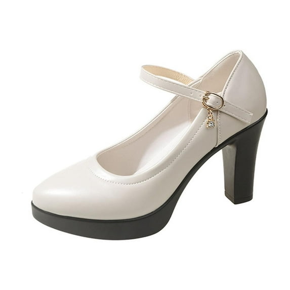 hopeusnice Women's Chunky Mary Janes Round Toe High Heels Block Pumps Party Dress Shoes Comfortable Slip On Shoes White 38