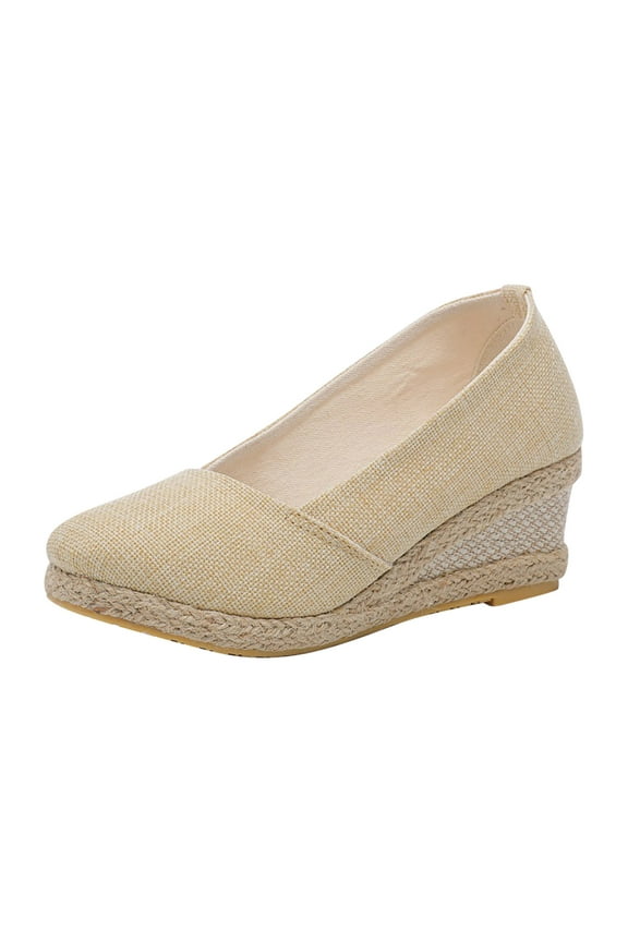 Women's Espadrille Wedge Shoes Canvas Slip On Shoes Comfortable Breathable Low Heel Wedge Sandals Beige 36