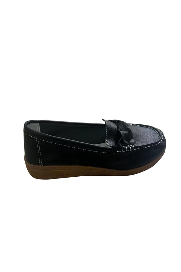 Women's Faux Leather Loafers Slip On Comfortable Flats Shoes Breathable Bowknot Buckle Low Heel Walking Driving Shoes Black 43
