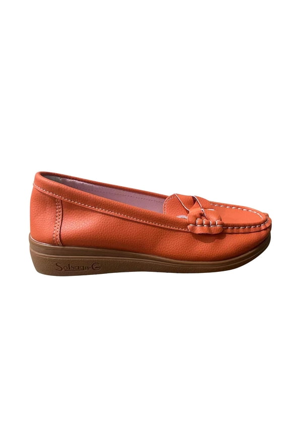 Women's Faux Leather Loafers Slip On Comfortable Flats Shoes Breathable Bowknot Buckle Low Heel Walking Driving Shoes Orange 42