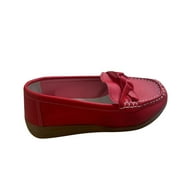 hopeusnice Womens Faux Leather Loafers Slip On Comfortable Flats Shoes Breathable Bowknot Buckle Low Heel Walking Driving Shoes Red 42