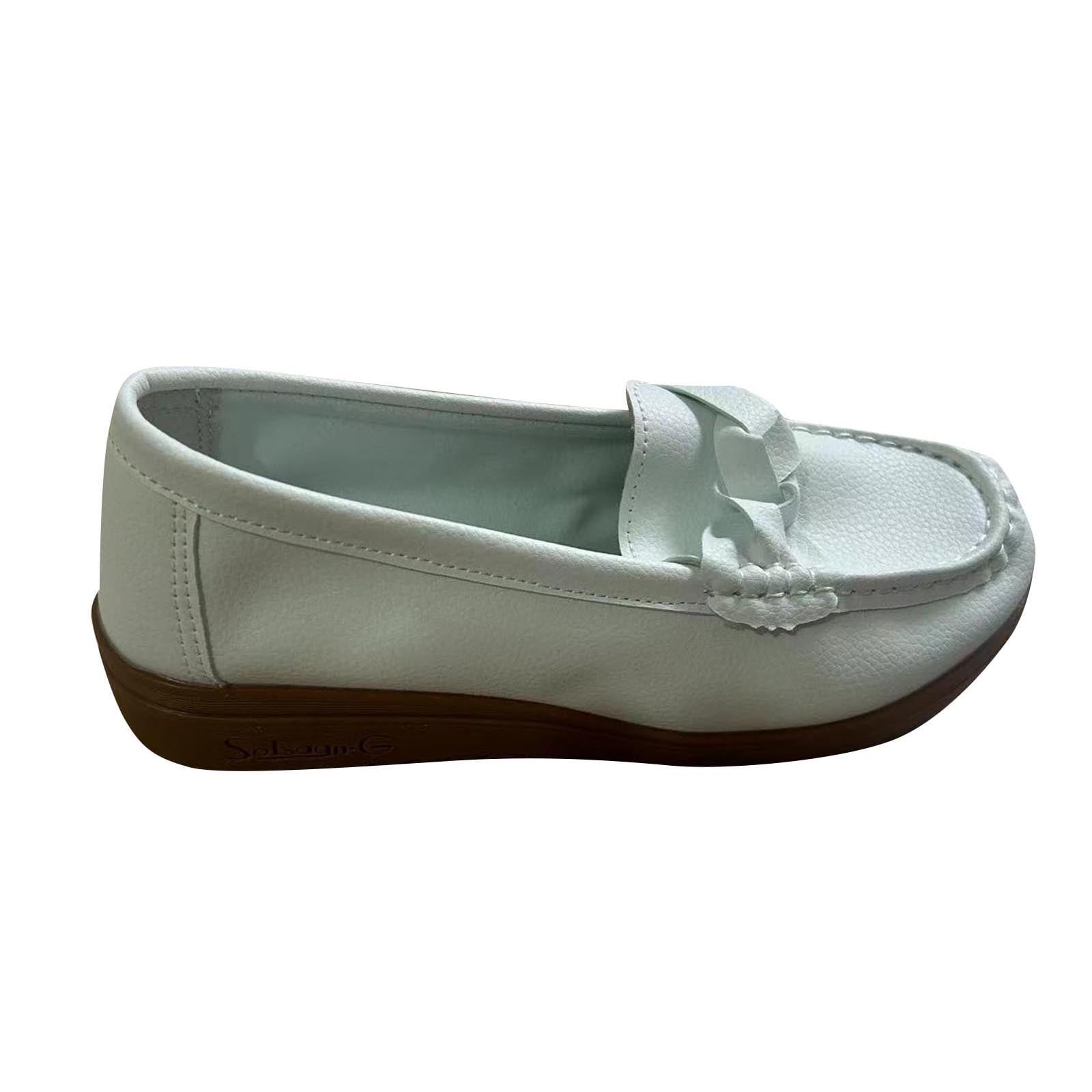 Women's Faux Leather Loafers Slip On Comfortable Flats Shoes Breathable Bowknot Buckle Low Heel Walking Driving Shoes White 39
