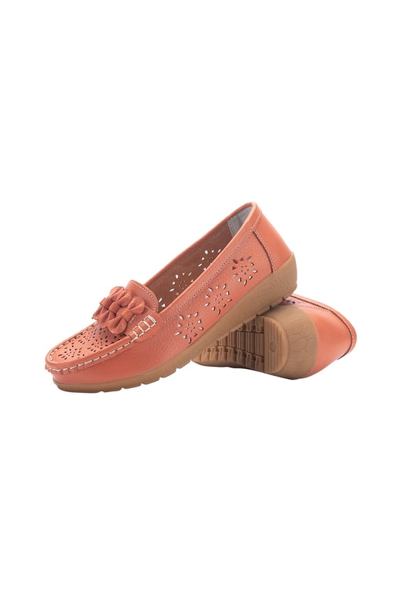 Women's Faux Leather Loafers Slip On Shoes Breathable Comfortable Flats Casual Perforated Flat Shoes Outdoor Walking Breathable Comfortable Shoes Orange 38