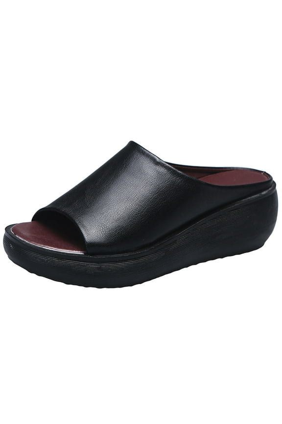 Women's Faux Leather Wedge Sandals Summer Open Toe Slip On Comfortable Mules Shoes Casual Slippers Black 39