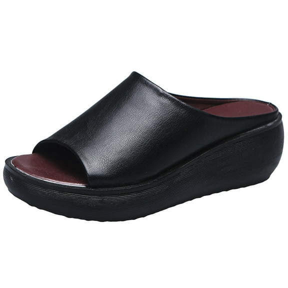 hopeusnice Women's Faux Leather Platform Wedge Sandals Summer Open Toe Slip On Comfortable Mules Shoes Casual Slippers Black 40