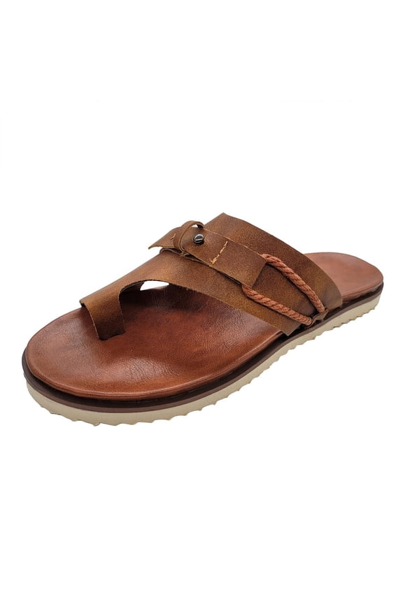 Women's Faux Leather Sandals Comfortable Adjustable Open Clip Toe Summer Flip Flops Flat Slippers Slip On Sole Beach Shoes Brown 36