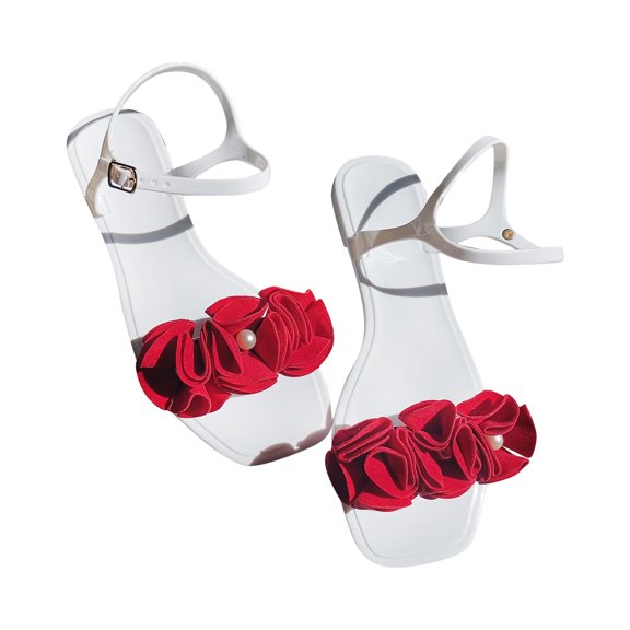 hopeusnice Women's Flower Sandals Ankle Strap Flat Summer Beach Shoes Pearl Decor Open Toe Buckle Flatform Slides White 40