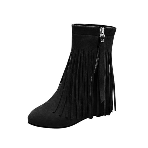 hopeusnice Women's Fringe Ankle Boots Suede Zipper Booties Side Zipper Wedge Heel Booties Fashionable Tassel Ankle Boots Fall Winter Shoes Black 41