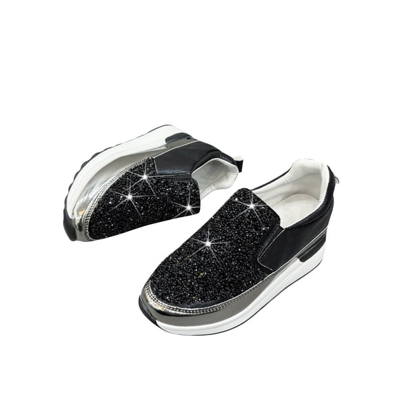 hopeusnice Women's Glitter Slip On Sneakers Wedge Shoes Comfortable Breathable Walking Shoes Sparkling Crystal Shoes Black 42