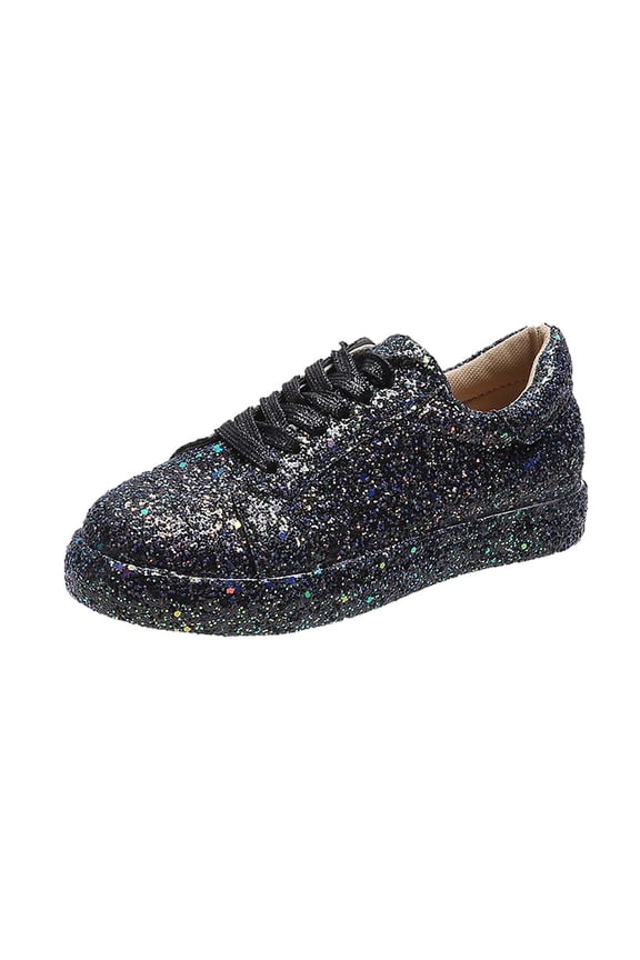 Women's Glitter Sneakers Lace Up Comfortable Low Top Shoes Sparkly Walking Flats Breathable Fashion Sneakers Black 37