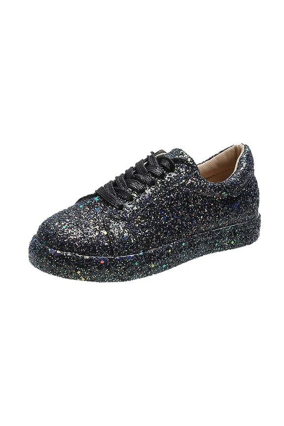 Women's Glitter Sneakers Lace Up Comfortable Low Top Shoes Sparkly Platform Walking Flats Breathable Fashion Sneakers Black 39