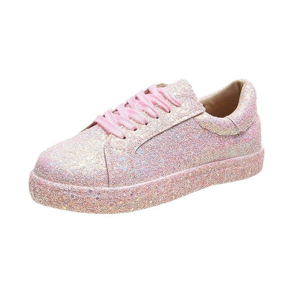 hopeusnice Women's Glitter Sneakers Lace Up Comfortable Low Top Shoes Sparkly Walking Flats Breathable Fashion Sneakers Pink 42