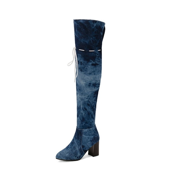 hopeusnice Women's Over The Knee Boots Lace Up Chunky Heel Pointed Toe Boots Suede Fall Winter Boots Fashion Party High Heel Boots Dark Blue 35