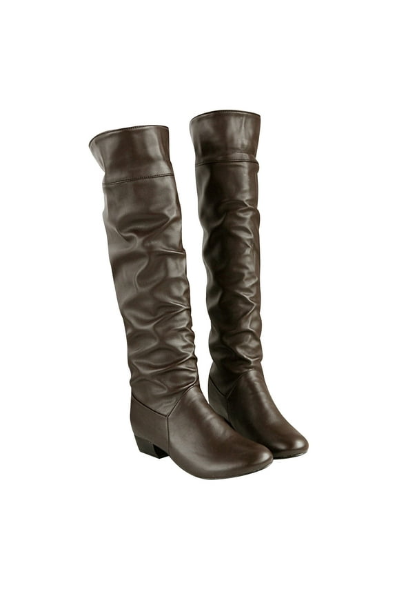 Women's Over The Knee Boots Slouchy PU Leather Block Heel Knee High Boots Round Toe Pull On Winter Boots Warm Comfortable Shoes Brown 41
