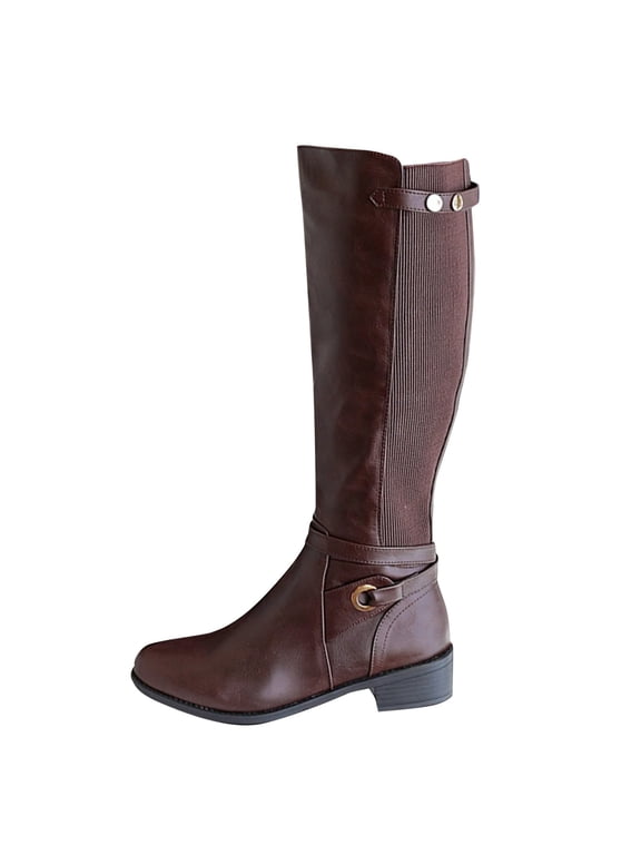 Women's Knee High Boots Faux Leather Round Toe Back Zipper Pull On Booties Elastic Low Heel Block Heel Fall Winter Shoes Brown 39