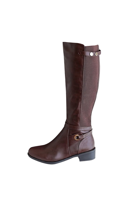 Women's Knee High Boots Faux Leather Round Toe Back Zipper Pull On Booties Elastic Low Heel Block Heel Fall Winter Shoes Brown 39