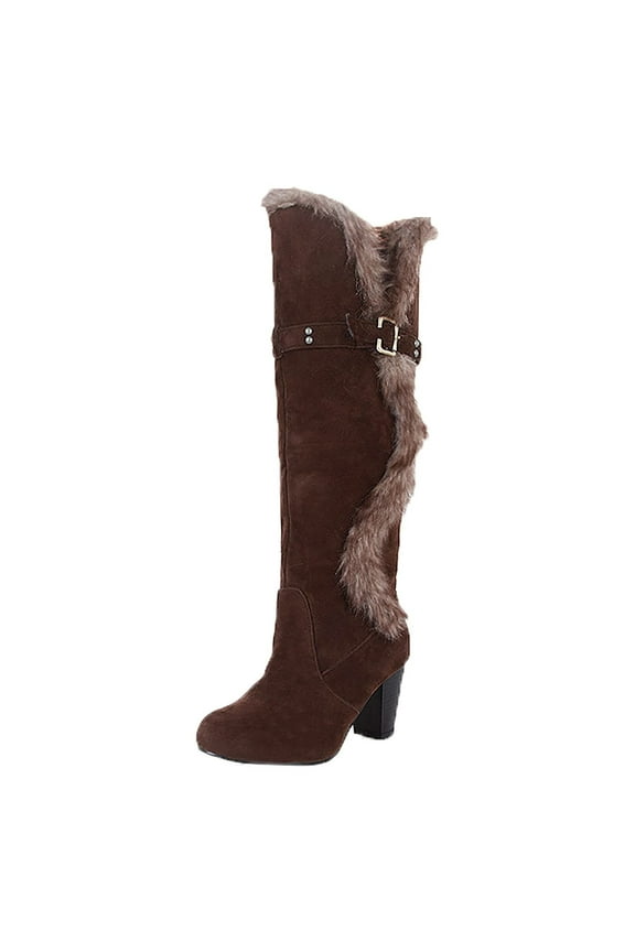 Women's Knee High Boots Fuzzy Fleece Lined Buckle Winter Warm Suede Boots Chunky Heel Comfortable Stylish Outdoor Snow Boots Brown 40