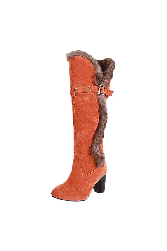 Women's Knee High Boots Fuzzy Fleece Lined Buckle Winter Warm Suede Boots Chunky Heel Comfortable Stylish Outdoor Snow Boots Orange 36
