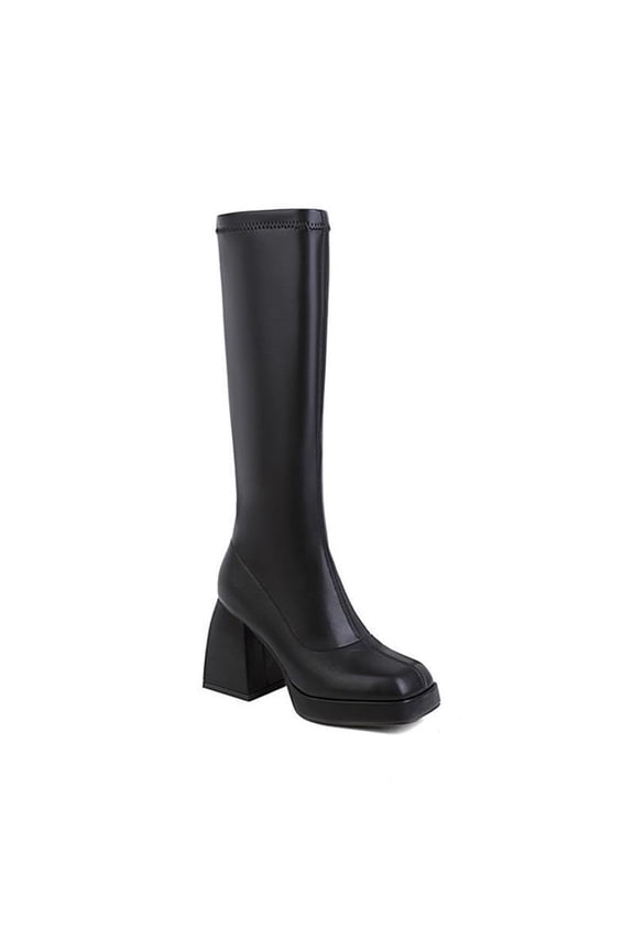 Women's Knee High Boots Chunky Heel Square Toe Ankle Boots Fashion Leather Boots Fall Winter Shoes Black 35