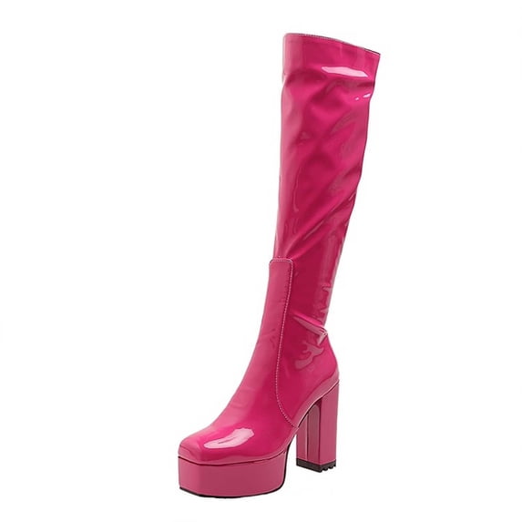 hopeusnice Women's Knee High Boots Chunky Heel Zipper Over The Knee Boots Patent Leather Block Heel Pointed Toe Stretch Boots Hot Pink 40