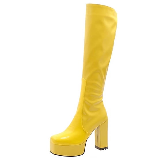 hopeusnice Women's Knee High Boots Chunky Heel Zipper Over The Knee Boots Patent Leather Block Heel Pointed Toe Stretch Boots Yellow 37
