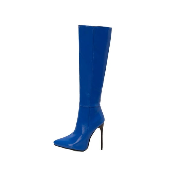 hopeusnice Women's Knee High Boots Pointed Toe Stilettos High Heel Over The Knee Boots Faux Leather Elegant Party Dress Boots Blue 41