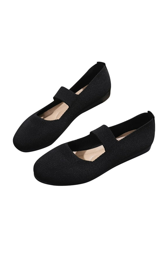 Women's Knitted Flat Shoes Breathable Comfortable Slip On Ballerinas Soft Sole Walking Shoes Low Heel Mary Jane Flats Black 37