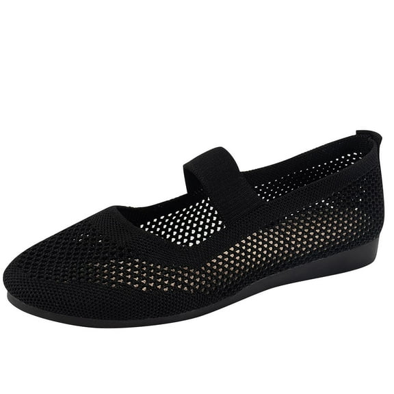hopeusnice Women's Knitted Flat Shoes Breathable Comfortable Slip On Ballerinas Soft Sole Walking Shoes Low Heel Mary Jane Flats Black 42