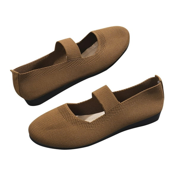 hopeusnice Women's Knitted Flat Shoes Breathable Comfortable Slip On Ballerinas Soft Sole Walking Shoes Low Heel Mary Jane Flats Brown 39