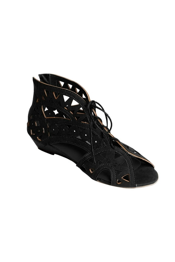 Women's Lace Up Cutout Sandals Summer Open Toe Wedge Shoes Breathable Ankle Strap Beach Sandals Black 38