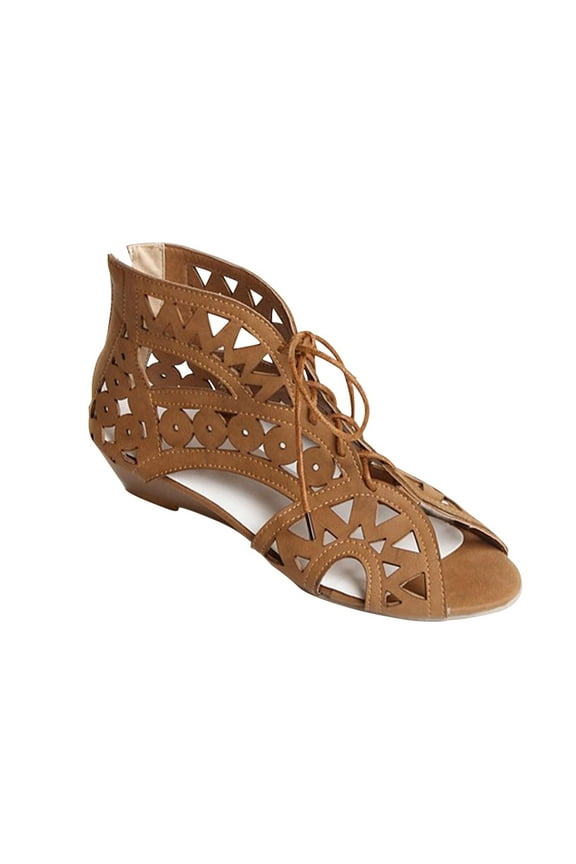 Women's Lace Up Cutout Sandals Summer Open Toe Wedge Shoes Breathable Ankle Strap Beach Sandals Brown 36