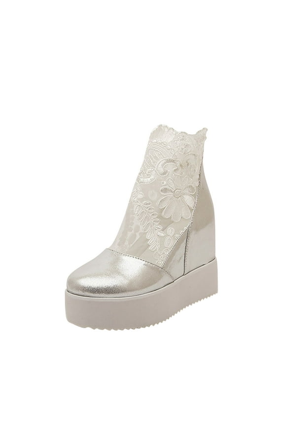 Women's Lace Up Platform Wedge Booties Ankle Boots Fashionable Comfortable Breathable Wedge Heel Shoes Silver 37