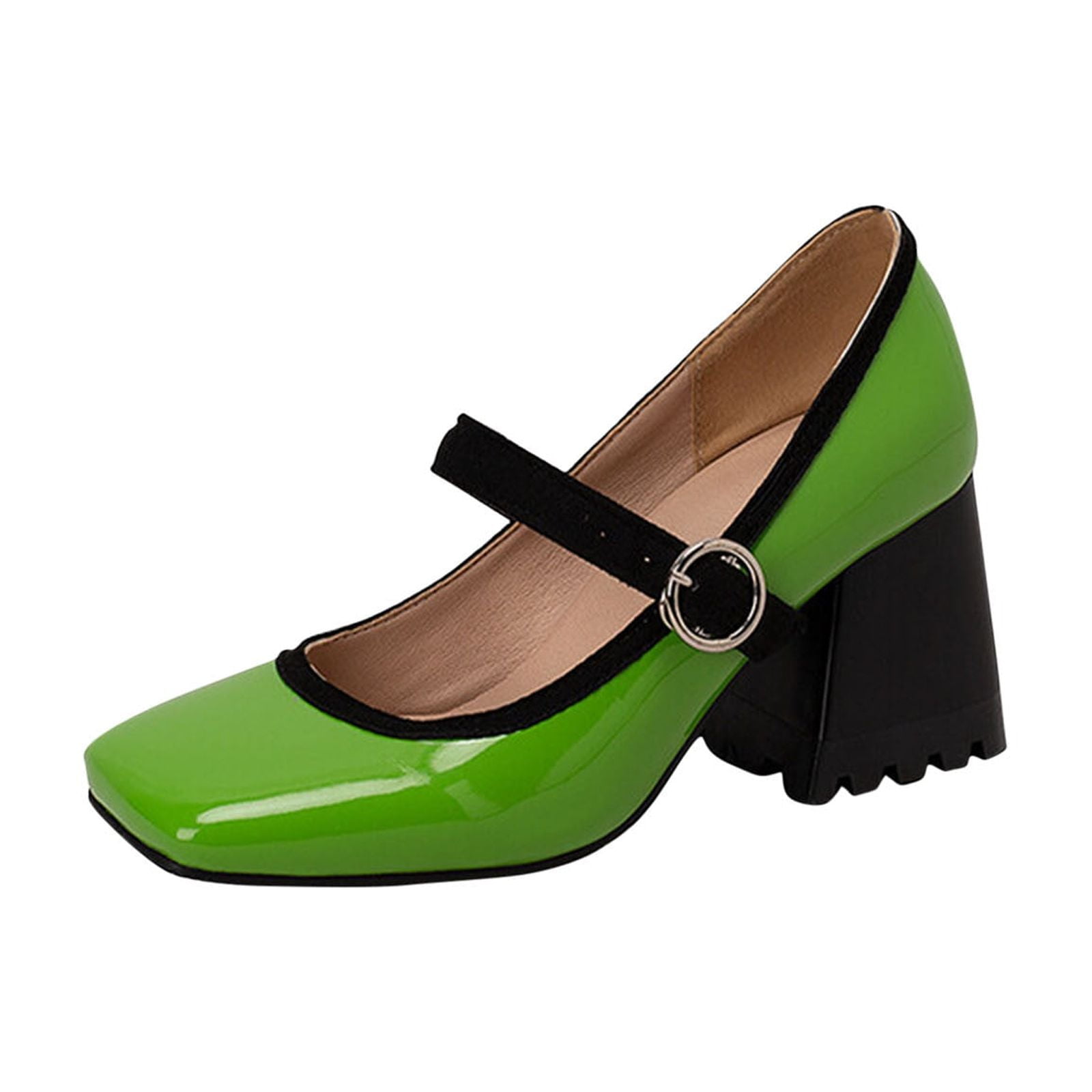 Women's Mary Jane Buckle Block Heel Pumps Square Toe Chunky Heel Dress Shoes Comfortable Formal Wedding Party Shoes Green 39