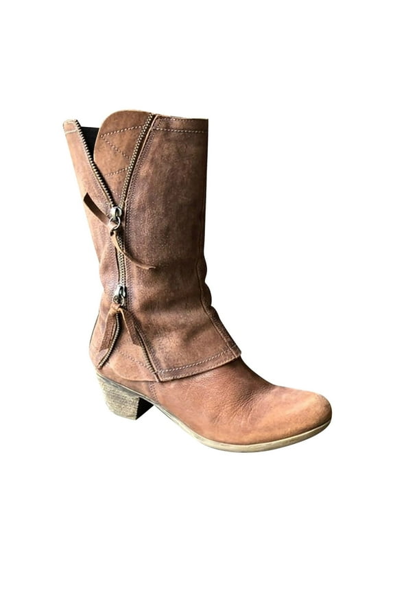 Women's Mid Calf Boots Side Zipper Boots Comfortable Block Heel Ankle Boots Faux Leather Boots Fall Winter Boots Brown 43