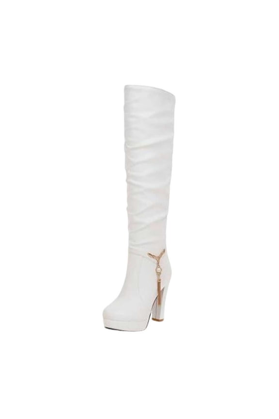 Women's Over The Knee Boots High Heel Boots Chunky Heel Thigh High Boots Side Zipper Tassel Fashion Boots White 36