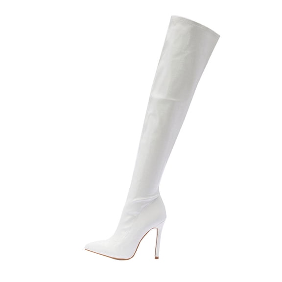 hopeusnice Women's Over The Knee Boots Pointed Toe High Heel Stilettos Thigh High Boots Faux Leather Zipper Party Dress Boots White 35