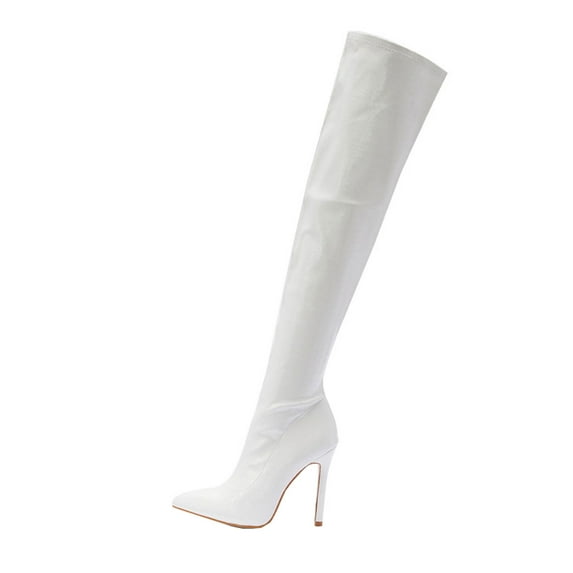 hopeusnice Women's Over The Knee Boots Pointed Toe High Heel Stilettos Thigh High Boots Faux Leather Zipper Party Dress Boots White 41
