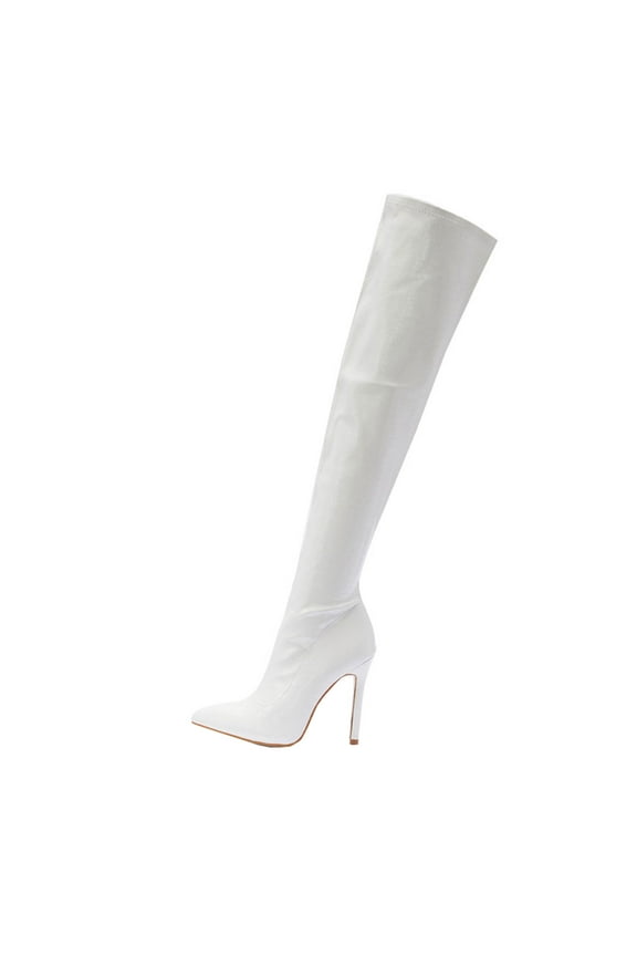 Women's Over The Knee Boots Pointed Toe High Heel Stilettos Thigh High Boots Faux Leather Zipper Party Dress Boots White 41