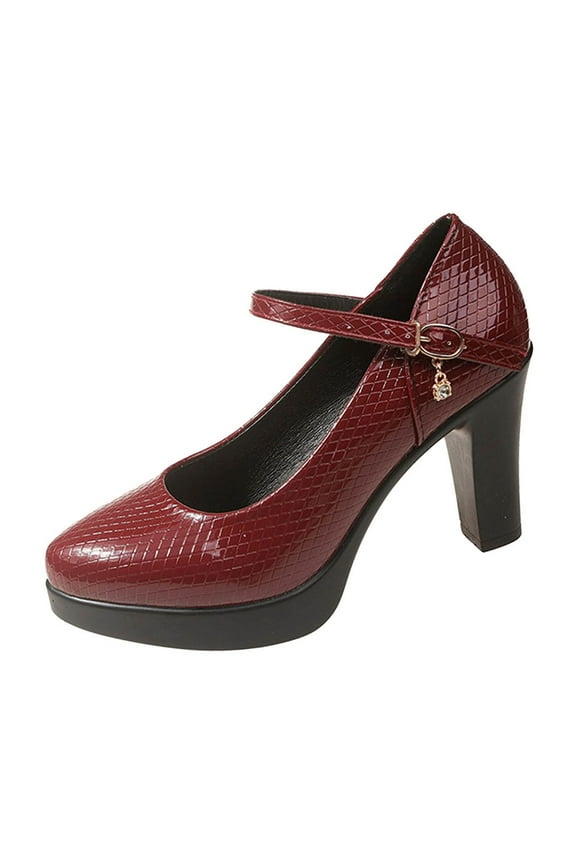 Women's Platform Heels Buckle Chunky Heel Closed Toe Pumps Dress Shoes Comfortable Bridal Wedding Party Shoes Wine 39