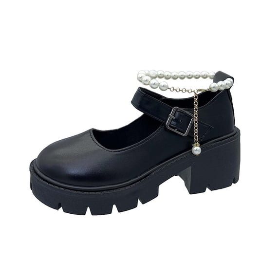 hopeusnice Women's Mary Jane Shoes Buckle Strap Pearl Chain Chunky Heel Comfortable Shoes Black 38