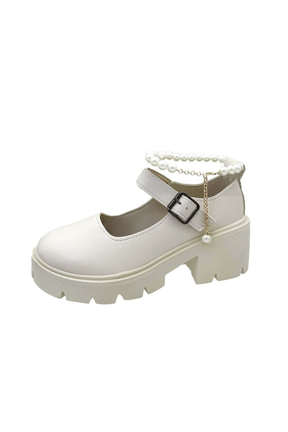 Women's Mary Jane Shoes Buckle Strap Pearl Decor Chunky Heel Shoes Comfortable Party Dress Shoes White 39