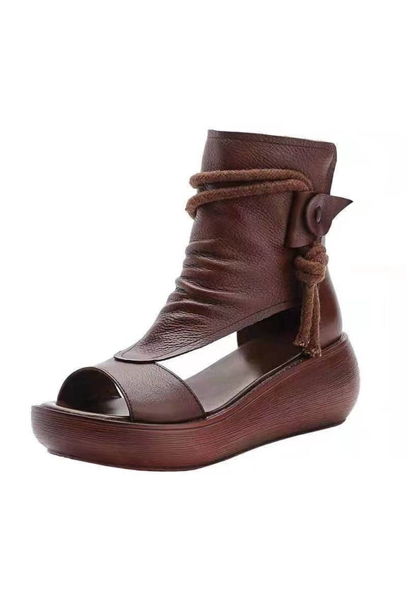 Women's Outdoor Sandals Boots Wedge Bottom Fashion High Top Sandals Open Toe Boot Sandals Brown 38