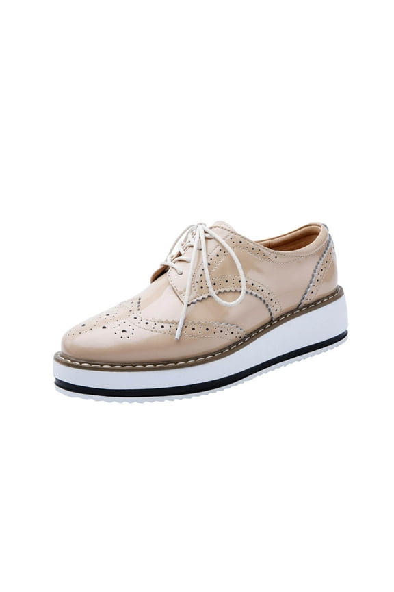 Women's Oxford Shoes Lace Up Brogue Patent Leather Shoes Comfortable Breathable Wedge Heel Sneakers Beige 40