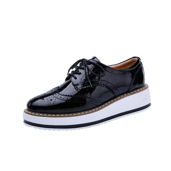 hopeusnice Women's Oxford Shoes Lace Up Brogue Patent Leather Shoes Comfortable Breathable Wedge Heel Sneakers Black 37