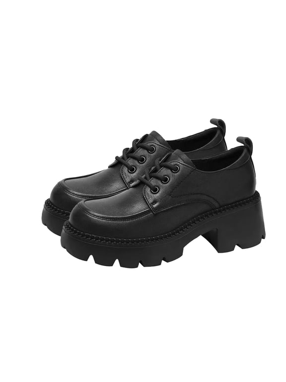 hopeusnice Women's Oxfords Lace Up Chunky Heel Shoes Faux Leather Comfortable Stylish Block Heel Dress Shoes Black 38