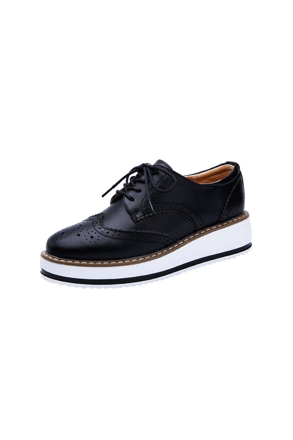 Women's Oxfords Lace Up Shoes Breathable Comfortable Brogue Leather Low Heel Wedge Sneakers Black 40