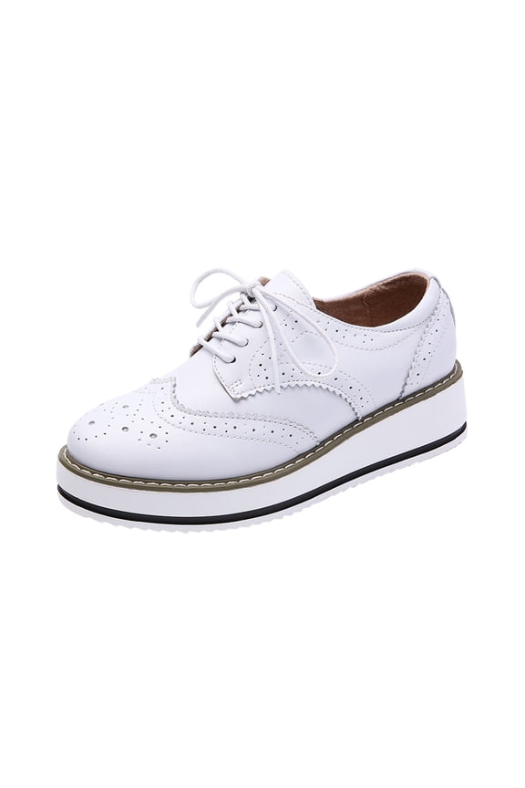 Women's Oxfords Lace Up Shoes Breathable Comfortable Brogue Leather Low Heel Wedge Sneakers White 36