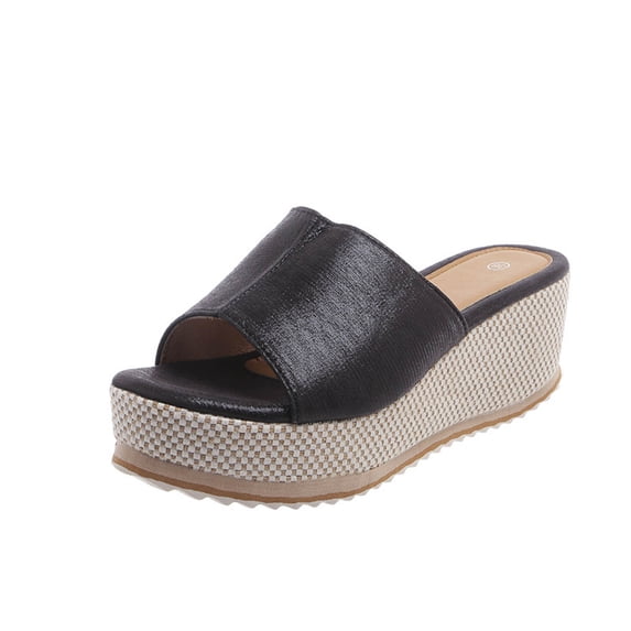 hopeusnice Women's Wedge Slippers Summer Open Toe Slip On Shoes Comfortable Espadrille Wedge Heels Sandals Black 37